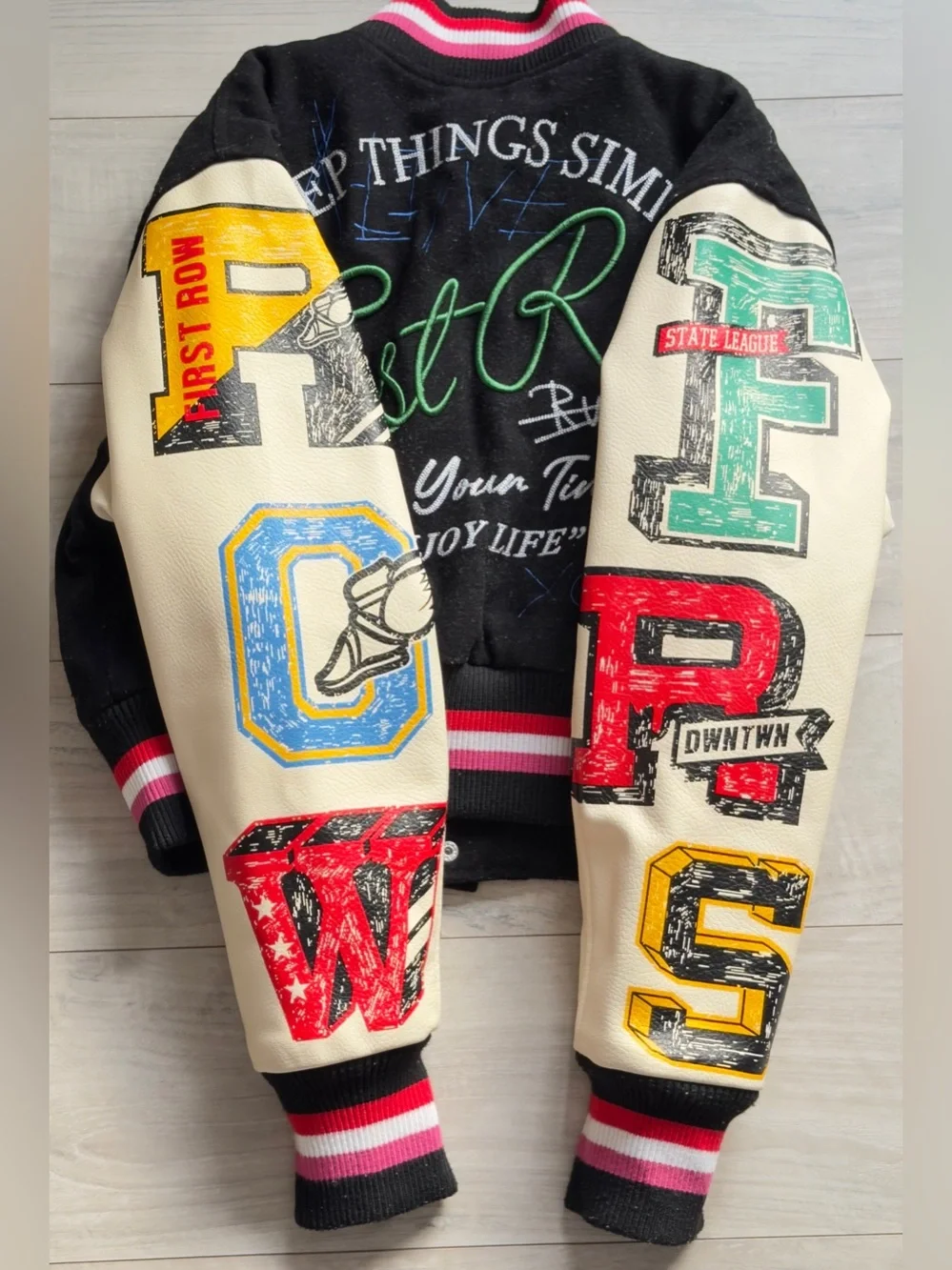 Kids Black Patchwork Varsity Jacket - First Row Inspired